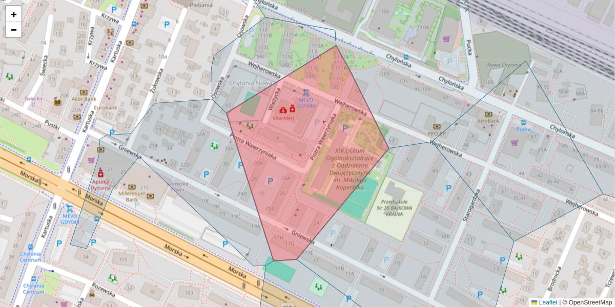 Szczegółowa mapa kodu pocztowego 81-065 z granicami, sąsiednimi kodami pocztowymi i urzędami pocztowymi