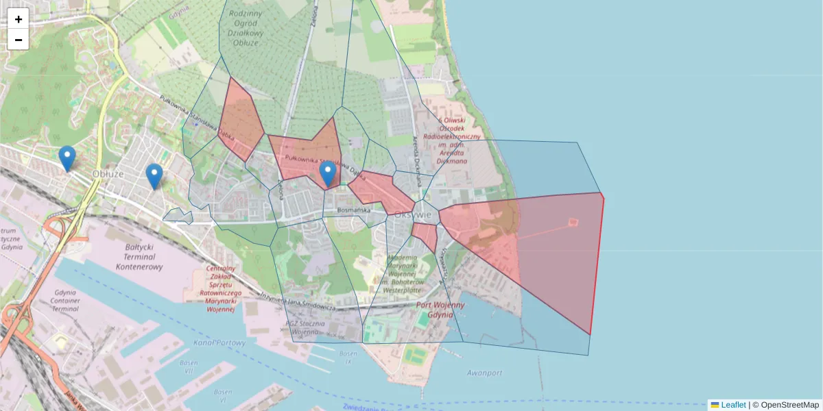 Szczegółowa mapa kodu pocztowego 81-107 z granicami, sąsiednimi kodami pocztowymi i urzędami pocztowymi