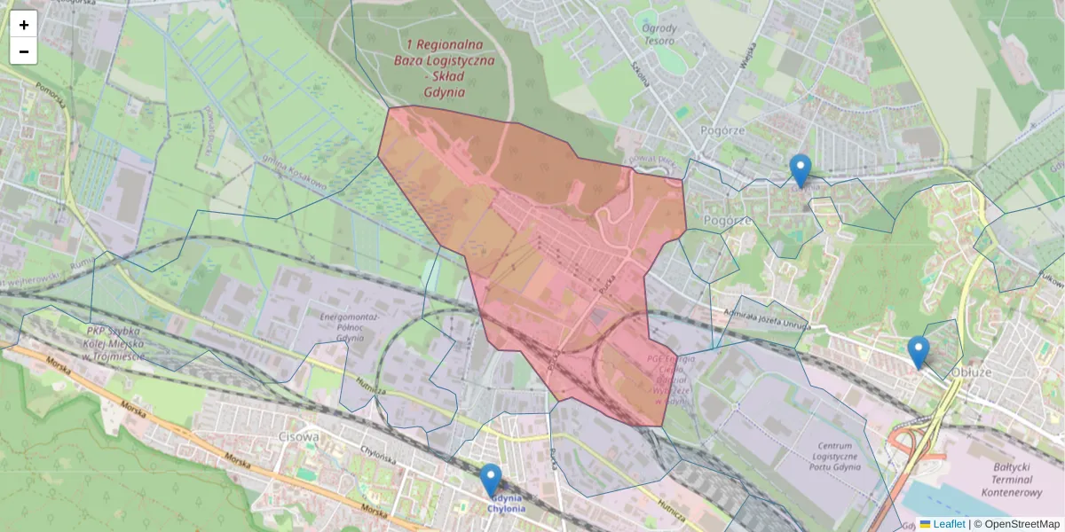 Szczegółowa mapa kodu pocztowego 81-154 z granicami, sąsiednimi kodami pocztowymi i urzędami pocztowymi