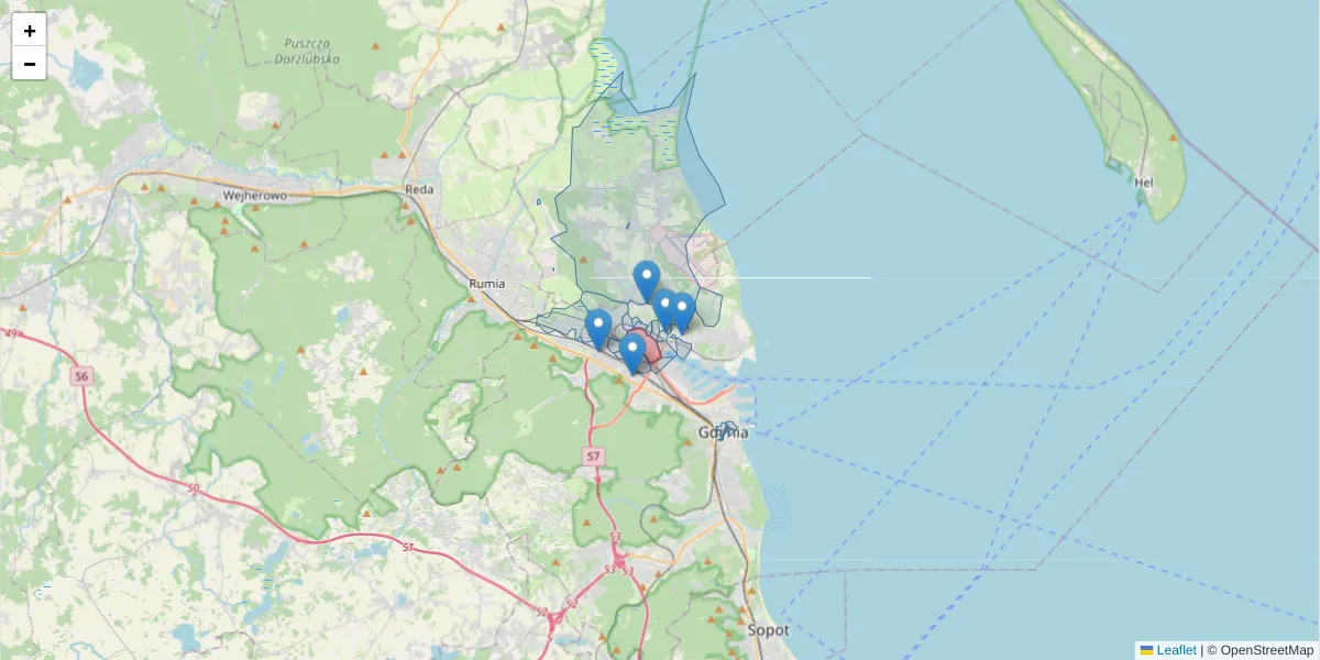 Szczegółowa mapa kodu pocztowego 81-155 z granicami, sąsiednimi kodami pocztowymi i urzędami pocztowymi