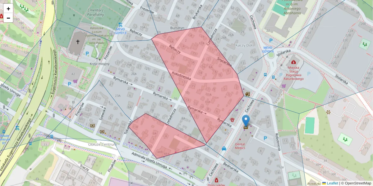 Szczegółowa mapa kodu pocztowego 81-163 z granicami, sąsiednimi kodami pocztowymi i urzędami pocztowymi