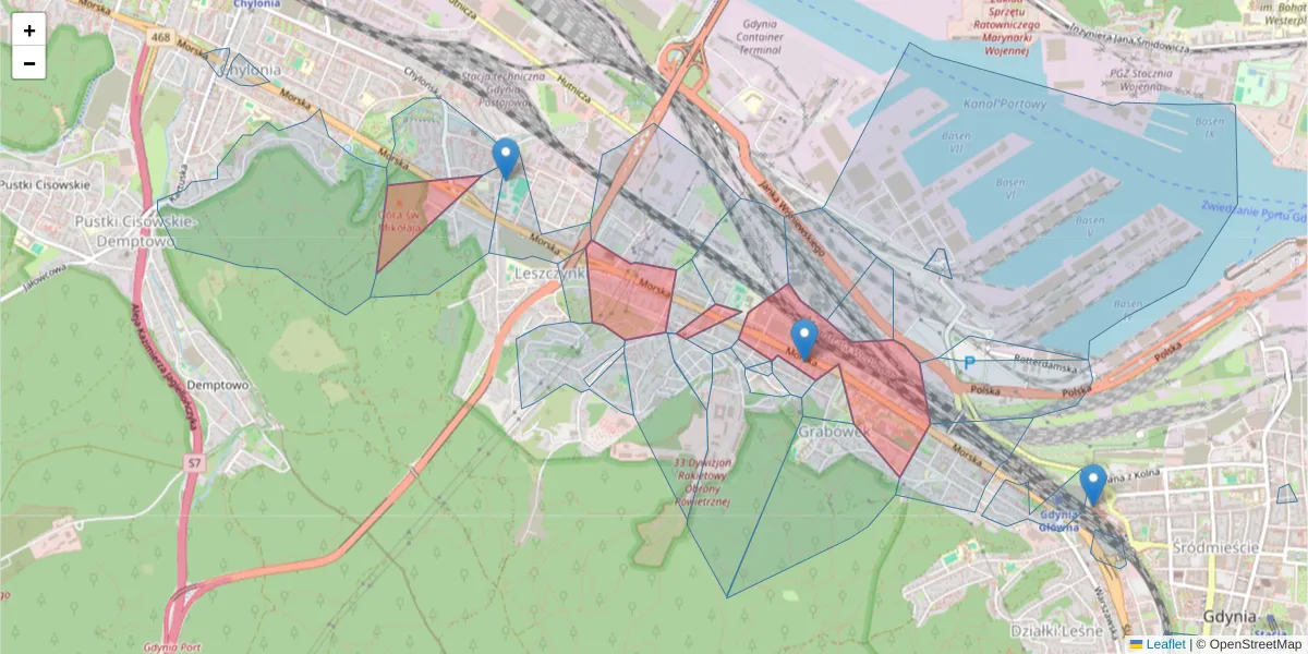 Szczegółowa mapa kodu pocztowego 81-222 z granicami, sąsiednimi kodami pocztowymi i urzędami pocztowymi