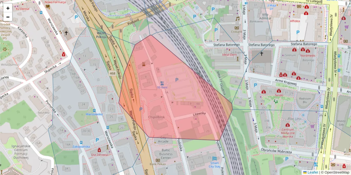 Szczegółowa mapa kodu pocztowego 81-321 z granicami, sąsiednimi kodami pocztowymi i urzędami pocztowymi