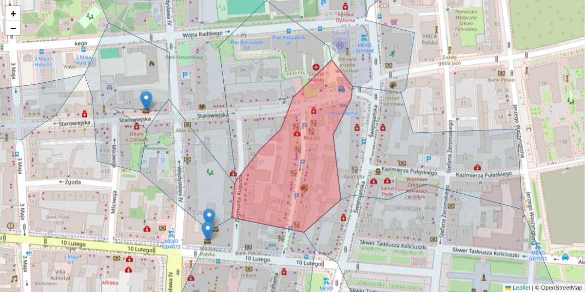 Szczegółowa mapa kodu pocztowego 81-352 z granicami, sąsiednimi kodami pocztowymi i urzędami pocztowymi