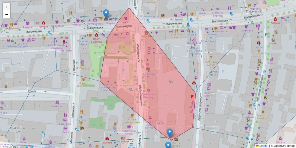 Szczegółowa mapa kodu pocztowego 81-358 z granicami, sąsiednimi kodami pocztowymi i urzędami pocztowymi