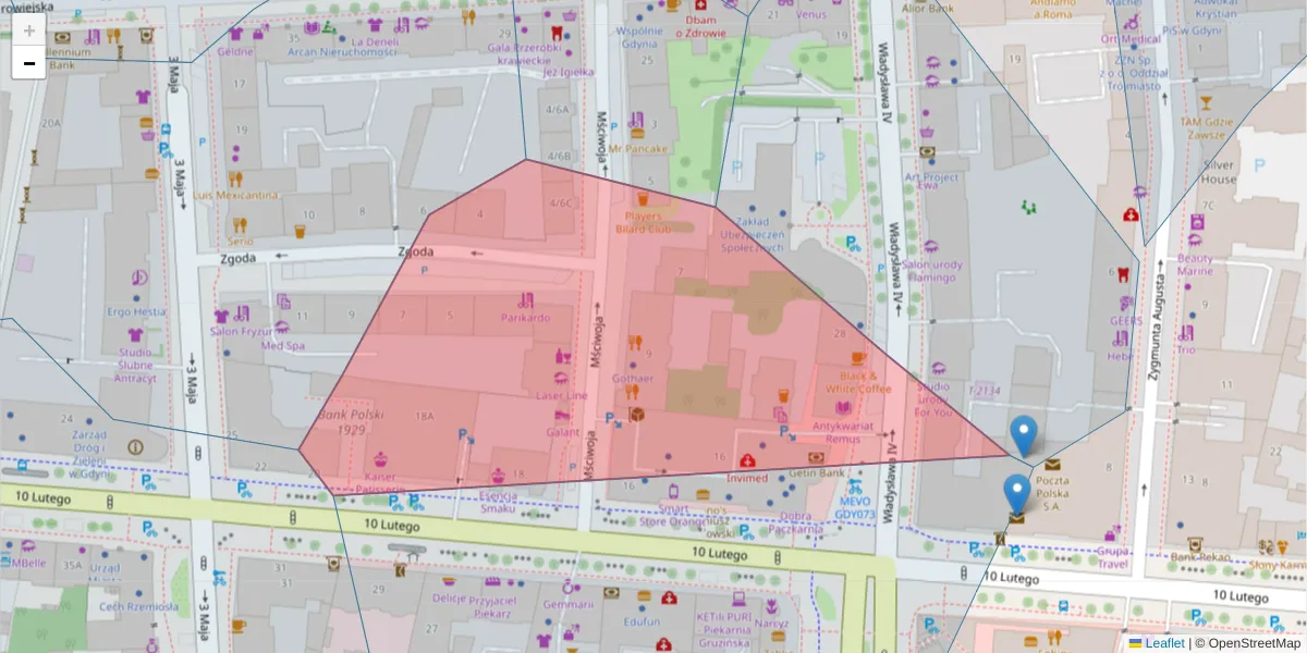 Szczegółowa mapa kodu pocztowego 81-361 z granicami, sąsiednimi kodami pocztowymi i urzędami pocztowymi