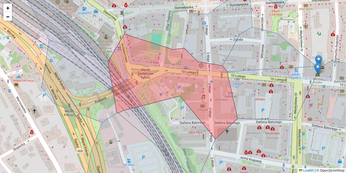 Szczegółowa mapa kodu pocztowego 81-364 z granicami, sąsiednimi kodami pocztowymi i urzędami pocztowymi