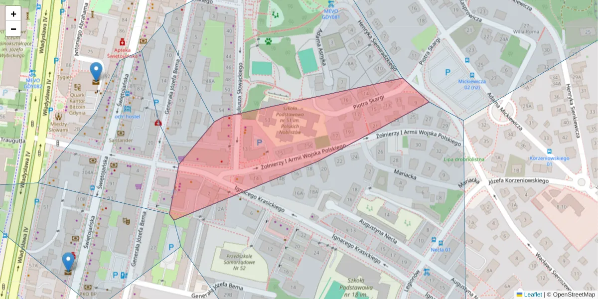 Szczegółowa mapa kodu pocztowego 81-380 z granicami, sąsiednimi kodami pocztowymi i urzędami pocztowymi
