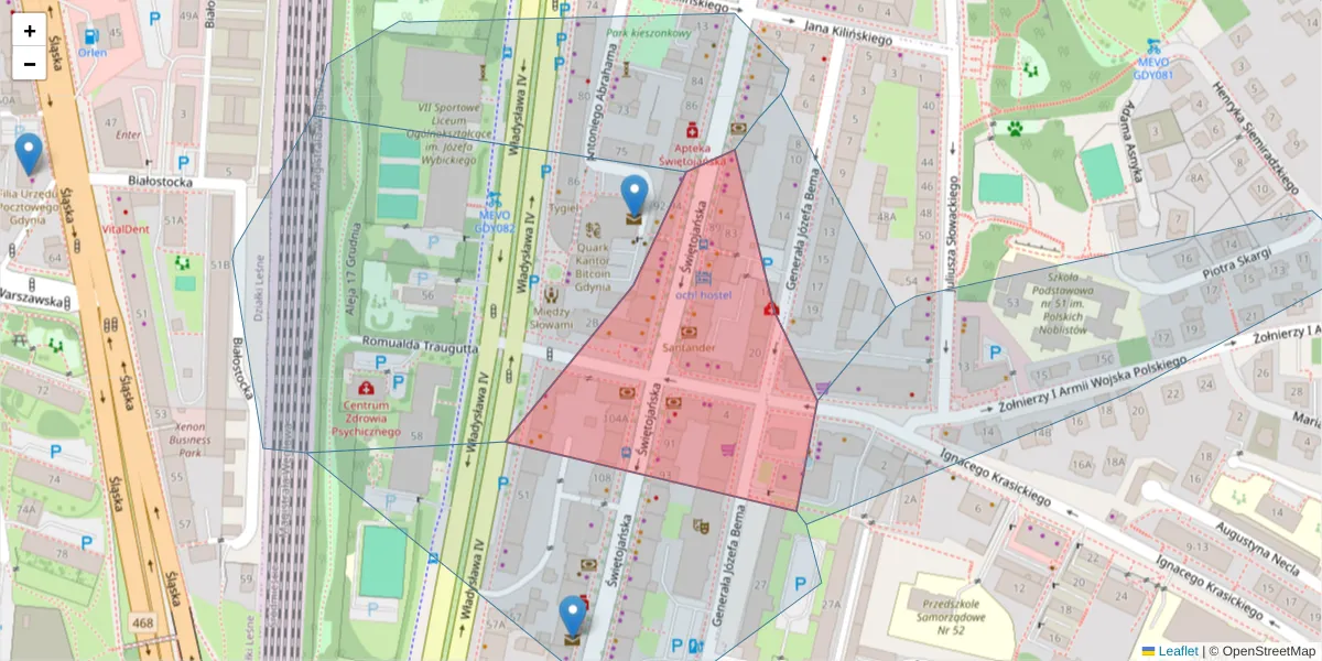 Szczegółowa mapa kodu pocztowego 81-389 z granicami, sąsiednimi kodami pocztowymi i urzędami pocztowymi