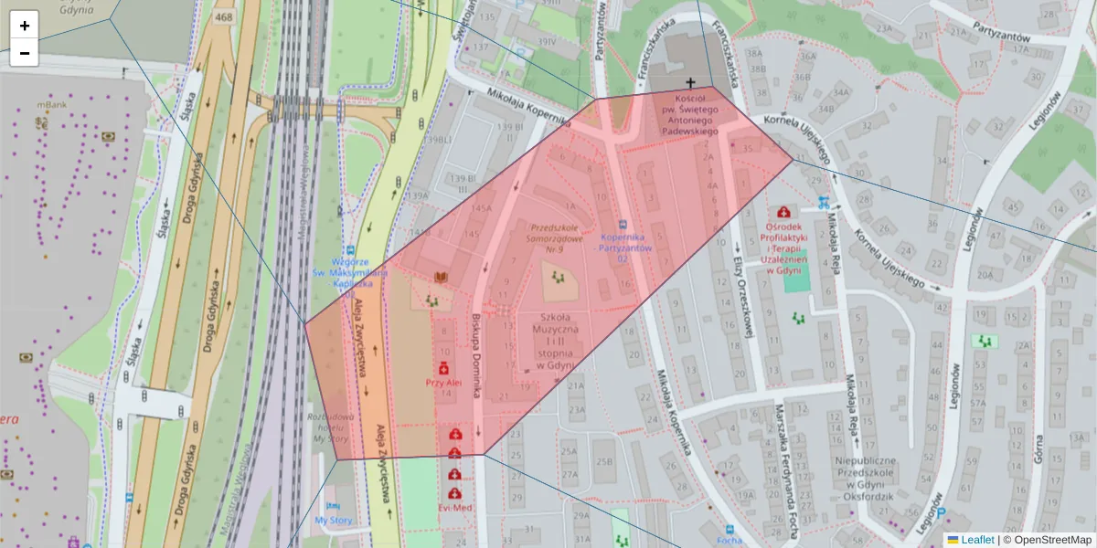 Szczegółowa mapa kodu pocztowego 81-402 z granicami, sąsiednimi kodami pocztowymi i urzędami pocztowymi