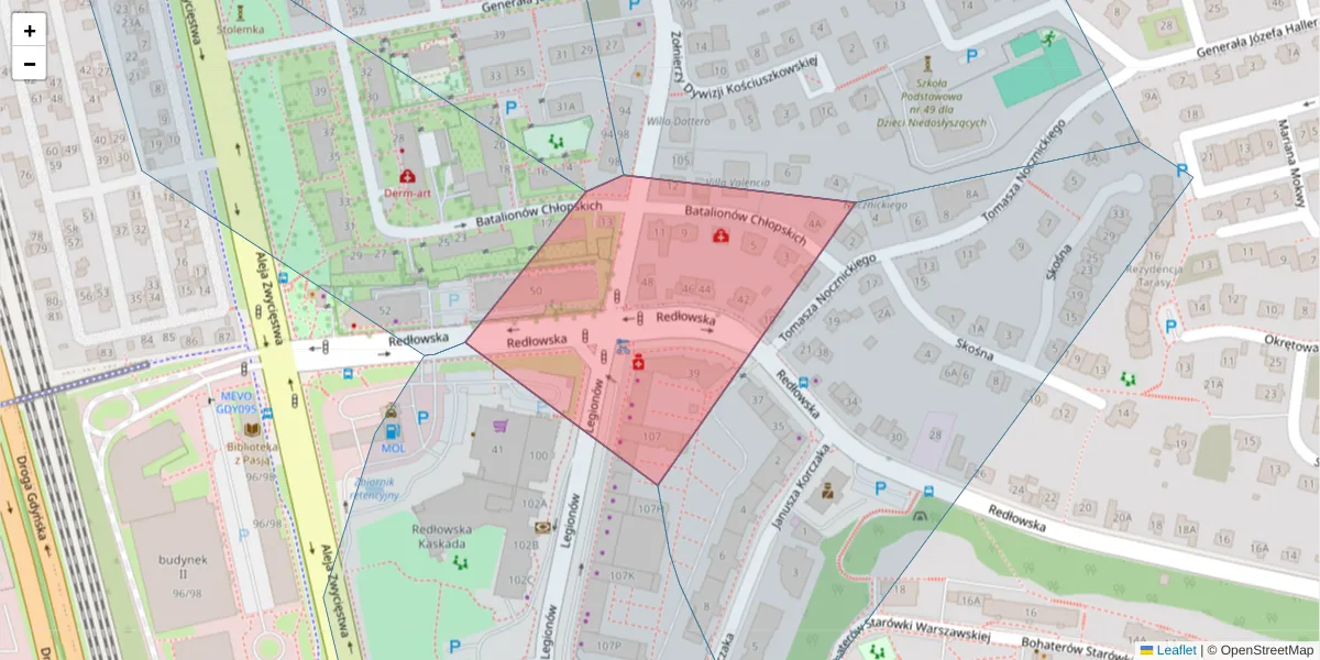 Szczegółowa mapa kodu pocztowego 81-450 z granicami, sąsiednimi kodami pocztowymi i urzędami pocztowymi