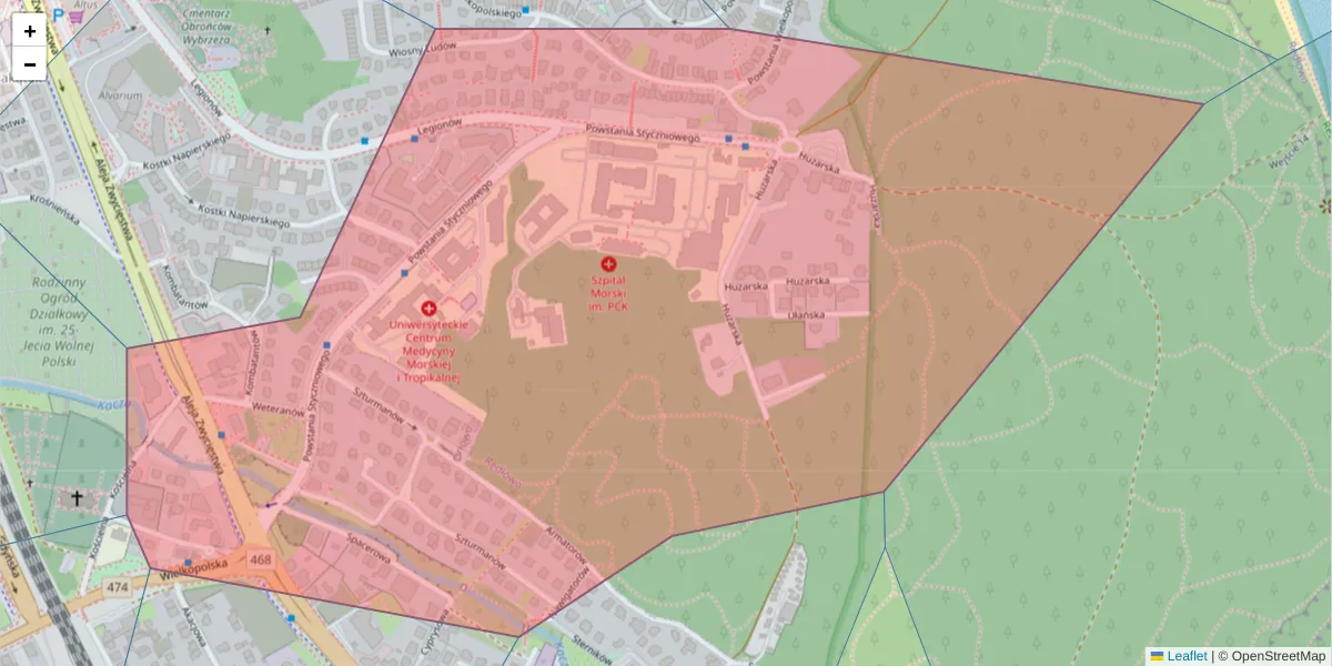 Szczegółowa mapa kodu pocztowego 81-519 z granicami, sąsiednimi kodami pocztowymi i urzędami pocztowymi