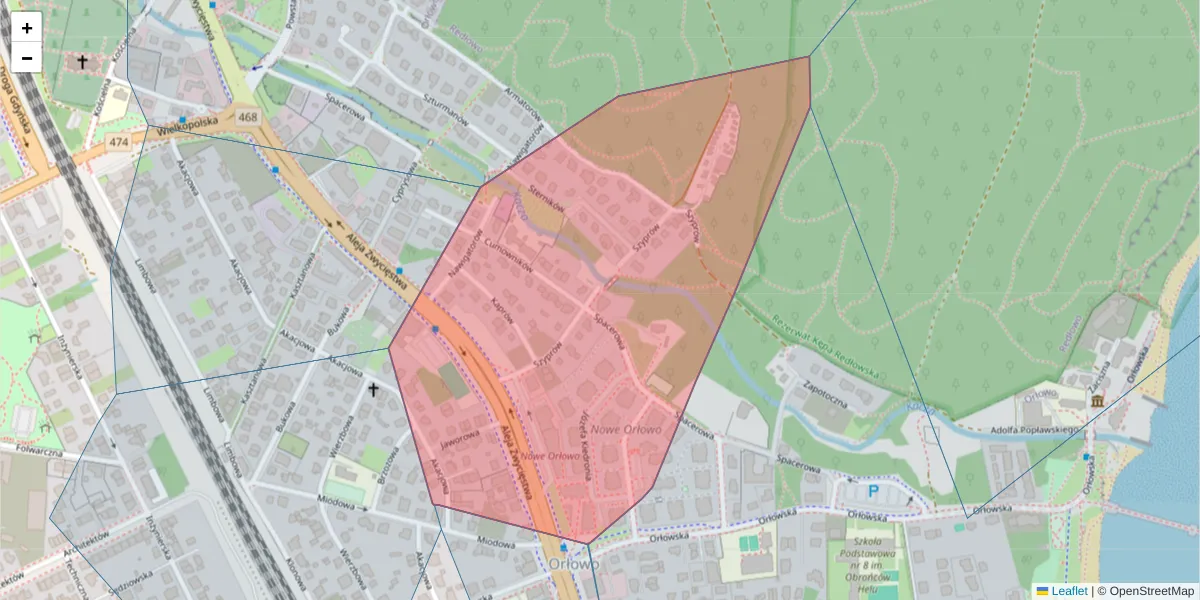 Szczegółowa mapa kodu pocztowego 81-521 z granicami, sąsiednimi kodami pocztowymi i urzędami pocztowymi