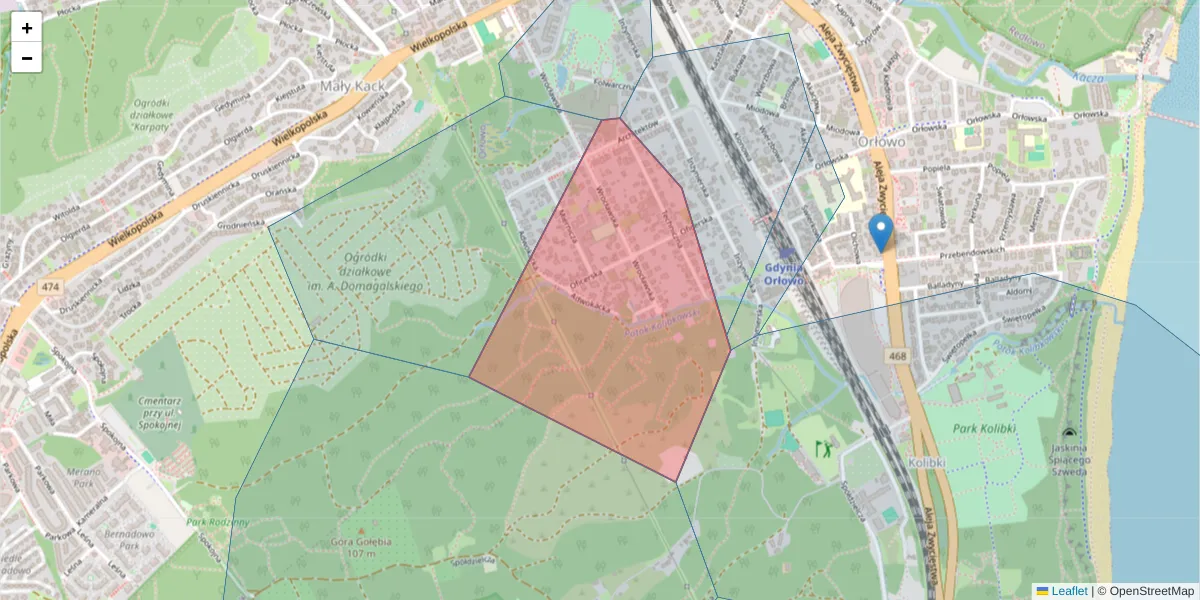 Szczegółowa mapa kodu pocztowego 81-527 z granicami, sąsiednimi kodami pocztowymi i urzędami pocztowymi