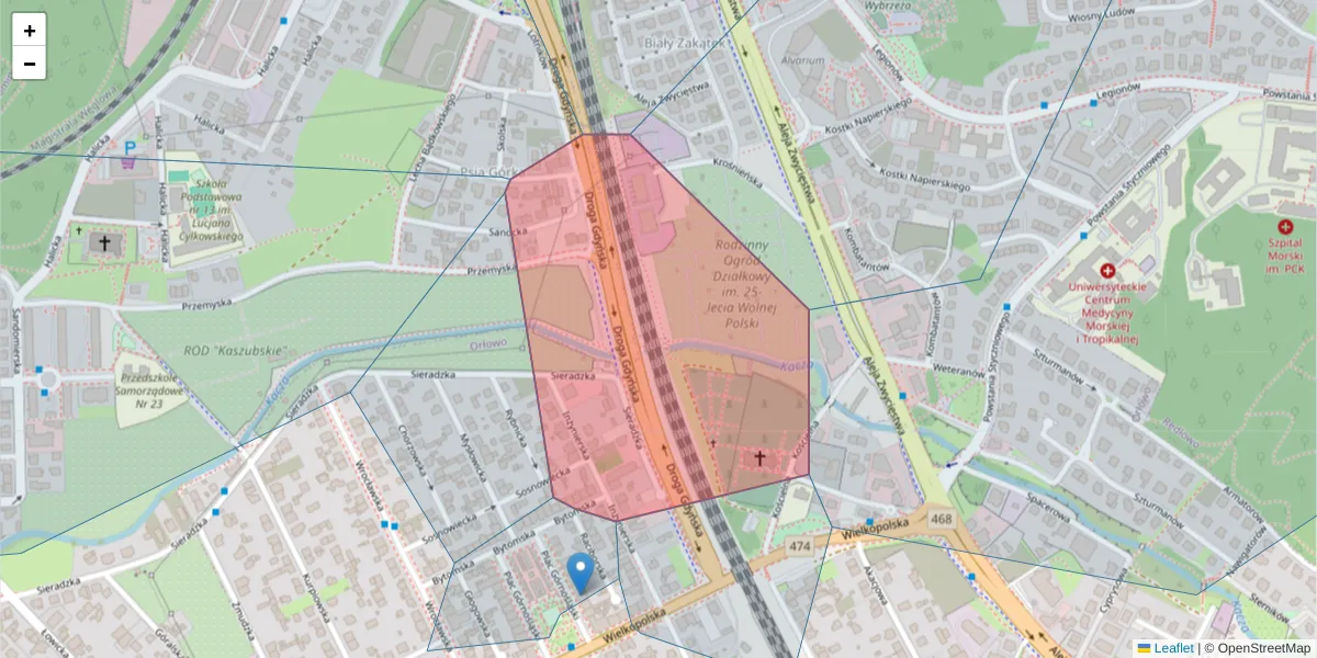 Szczegółowa mapa kodu pocztowego 81-539 z granicami, sąsiednimi kodami pocztowymi i urzędami pocztowymi