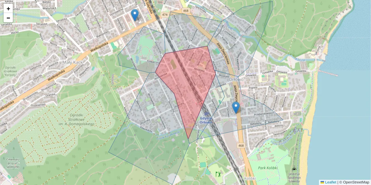 Szczegółowa mapa kodu pocztowego 81-558 z granicami, sąsiednimi kodami pocztowymi i urzędami pocztowymi