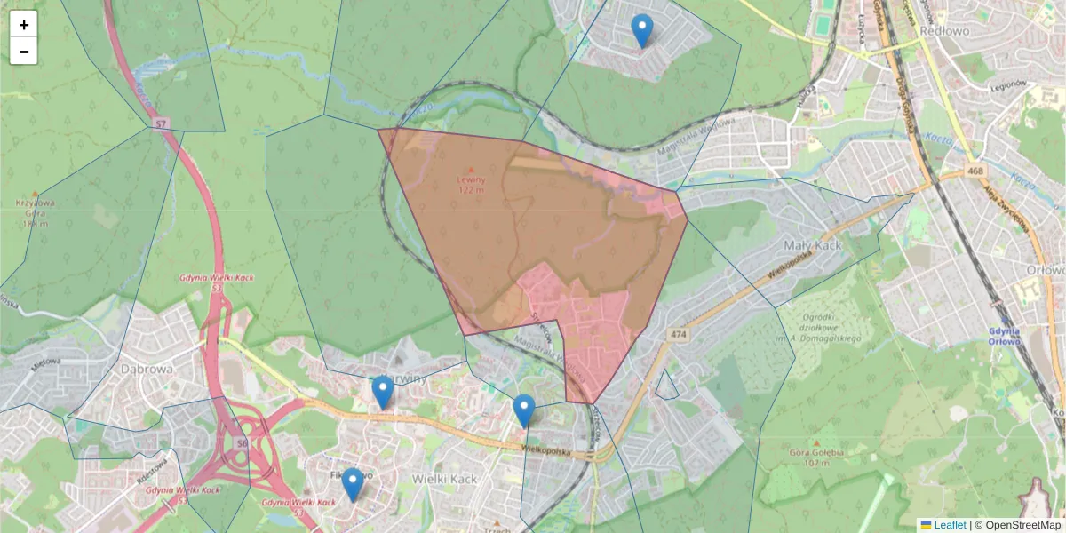 Szczegółowa mapa kodu pocztowego 81-586 z granicami, sąsiednimi kodami pocztowymi i urzędami pocztowymi