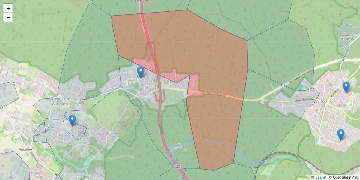 Szczegółowa mapa kodu pocztowego 81-601 z granicami, sąsiednimi kodami pocztowymi i urzędami pocztowymi