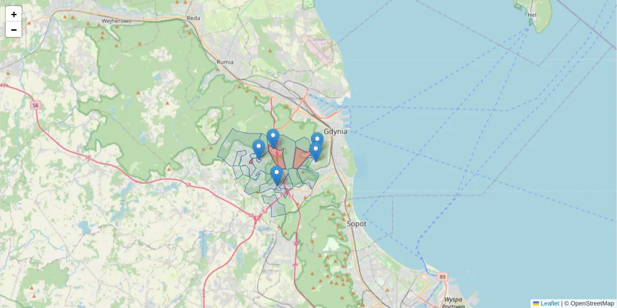 Szczegółowa mapa kodu pocztowego 81-602 z granicami, sąsiednimi kodami pocztowymi i urzędami pocztowymi