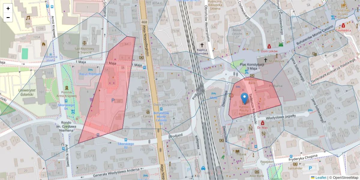 Szczegółowa mapa kodu pocztowego 81-701 z granicami, sąsiednimi kodami pocztowymi i urzędami pocztowymi