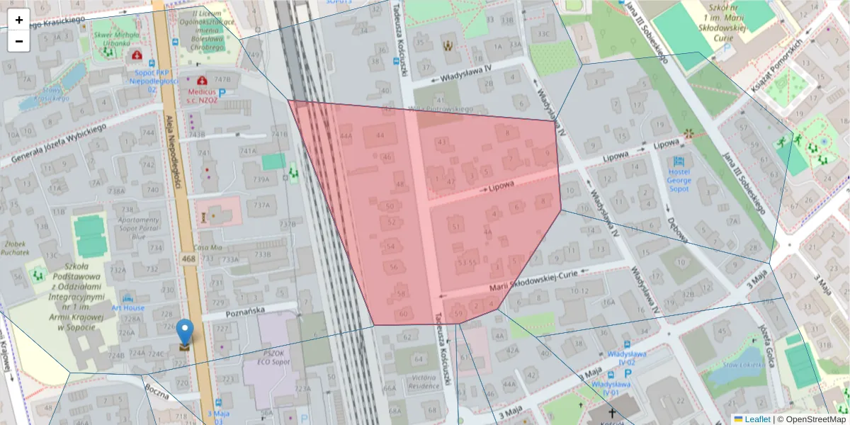 Szczegółowa mapa kodu pocztowego 81-702 z granicami, sąsiednimi kodami pocztowymi i urzędami pocztowymi