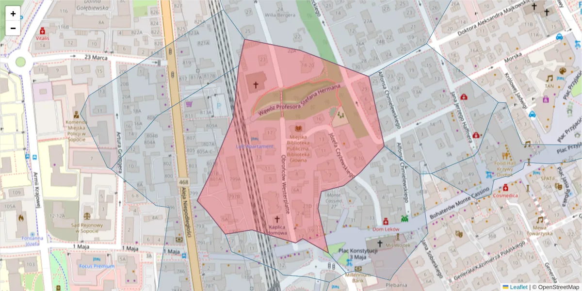 Szczegółowa mapa kodu pocztowego 81-706 z granicami, sąsiednimi kodami pocztowymi i urzędami pocztowymi