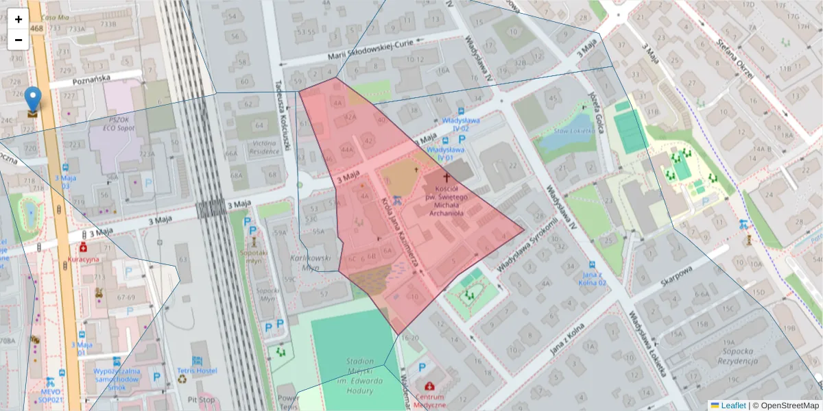 Szczegółowa mapa kodu pocztowego 81-742 z granicami, sąsiednimi kodami pocztowymi i urzędami pocztowymi