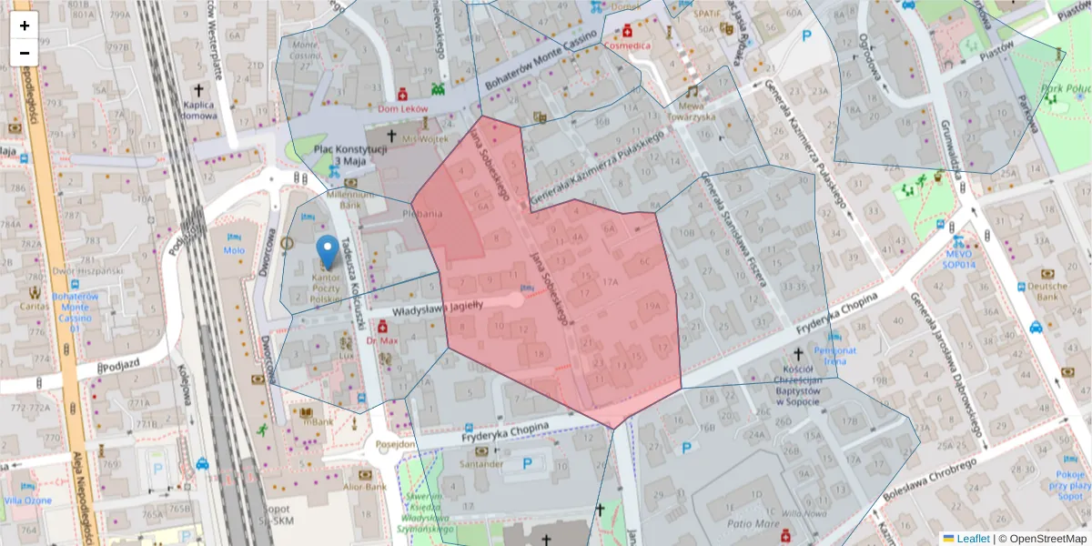 Szczegółowa mapa kodu pocztowego 81-761 z granicami, sąsiednimi kodami pocztowymi i urzędami pocztowymi