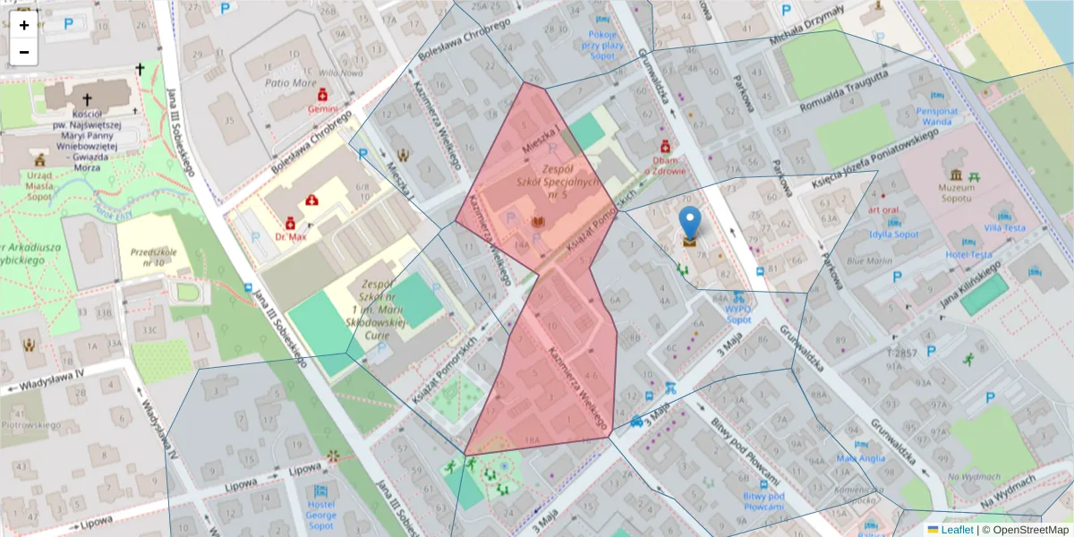 Szczegółowa mapa kodu pocztowego 81-780 z granicami, sąsiednimi kodami pocztowymi i urzędami pocztowymi
