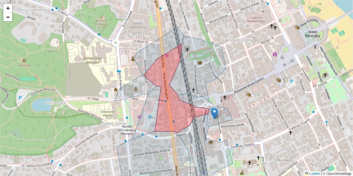 Szczegółowa mapa kodu pocztowego 81-805 z granicami, sąsiednimi kodami pocztowymi i urzędami pocztowymi