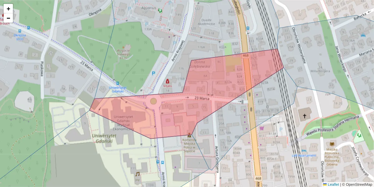 Szczegółowa mapa kodu pocztowego 81-808 z granicami, sąsiednimi kodami pocztowymi i urzędami pocztowymi