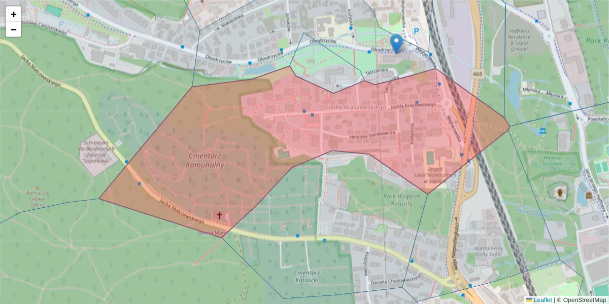 Szczegółowa mapa kodu pocztowego 81-815 z granicami, sąsiednimi kodami pocztowymi i urzędami pocztowymi