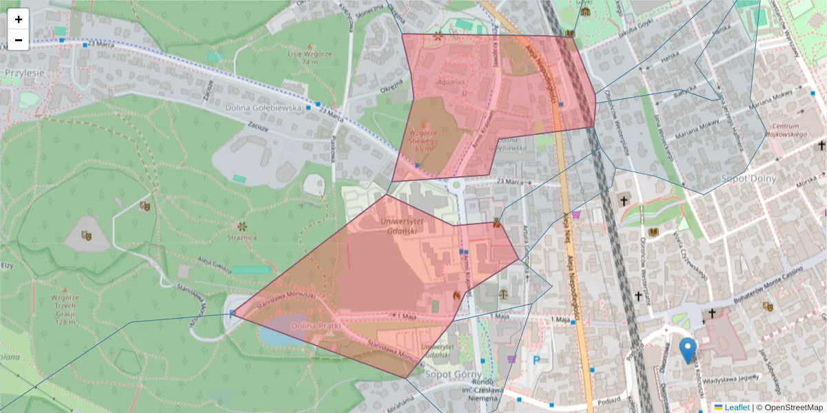 Szczegółowa mapa kodu pocztowego 81-824 z granicami, sąsiednimi kodami pocztowymi i urzędami pocztowymi