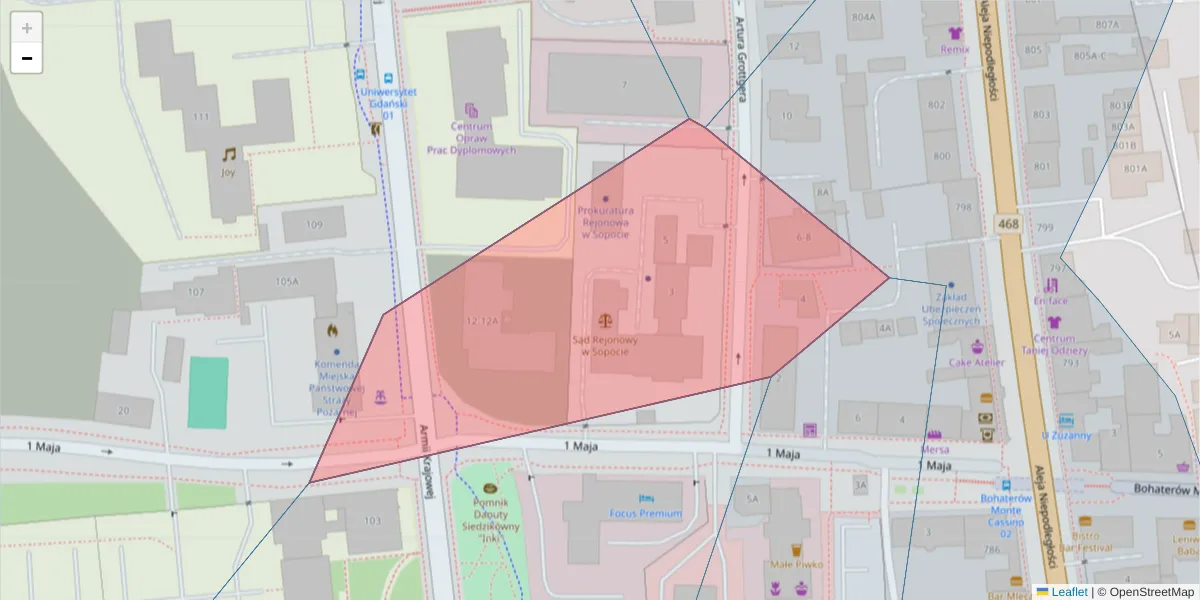 Szczegółowa mapa kodu pocztowego 81-828 z granicami, sąsiednimi kodami pocztowymi i urzędami pocztowymi