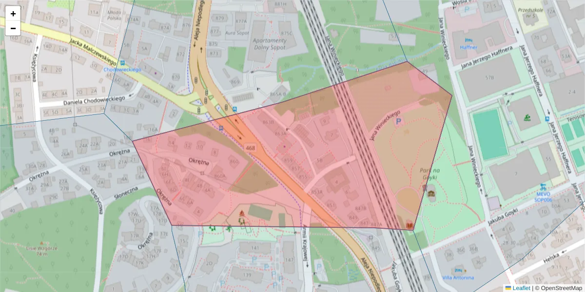 Szczegółowa mapa kodu pocztowego 81-849 z granicami, sąsiednimi kodami pocztowymi i urzędami pocztowymi