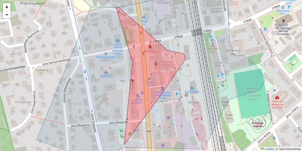 Szczegółowa mapa kodu pocztowego 81-853 z granicami, sąsiednimi kodami pocztowymi i urzędami pocztowymi
