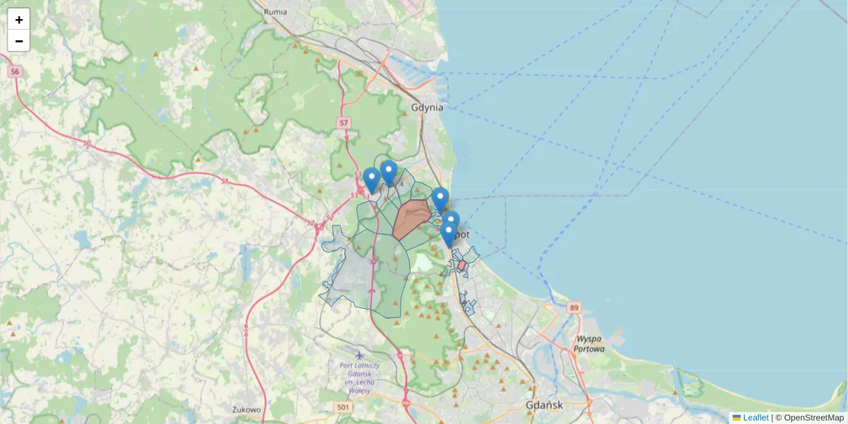 Szczegółowa mapa kodu pocztowego 81-881 z granicami, sąsiednimi kodami pocztowymi i urzędami pocztowymi