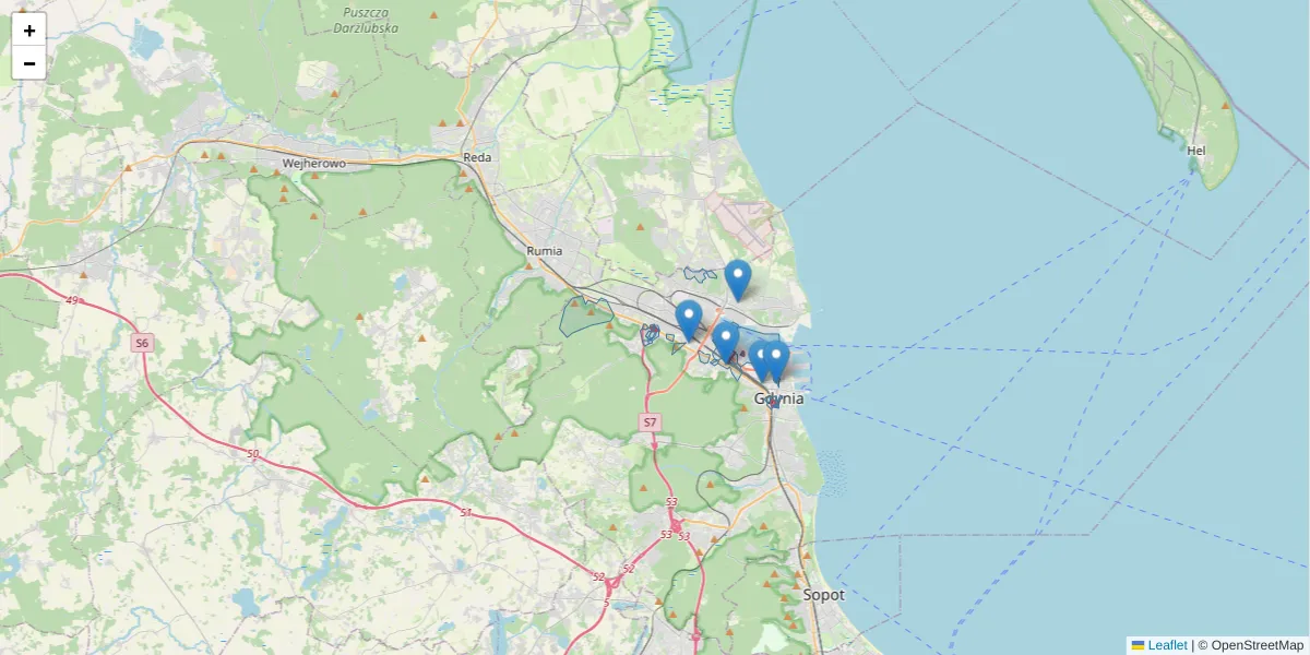 Szczegółowa mapa kodu pocztowego 81-969 z granicami, sąsiednimi kodami pocztowymi i urzędami pocztowymi