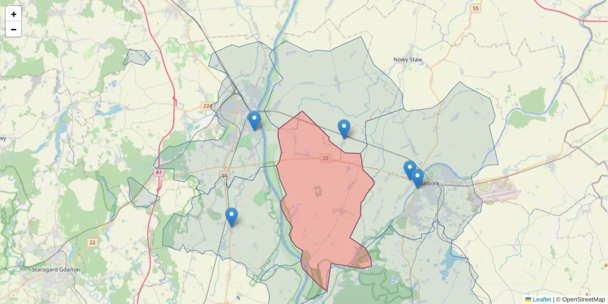 Szczegółowa mapa kodu pocztowego 82-213 z granicami, sąsiednimi kodami pocztowymi i urzędami pocztowymi