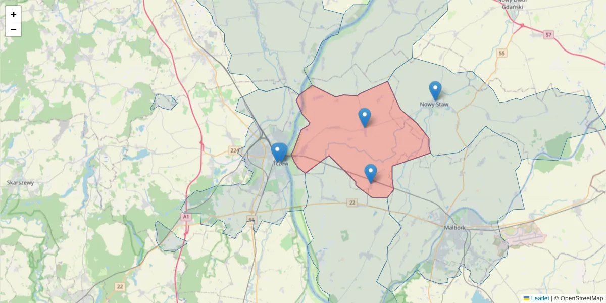 Szczegółowa mapa kodu pocztowego 82-224 z granicami, sąsiednimi kodami pocztowymi i urzędami pocztowymi