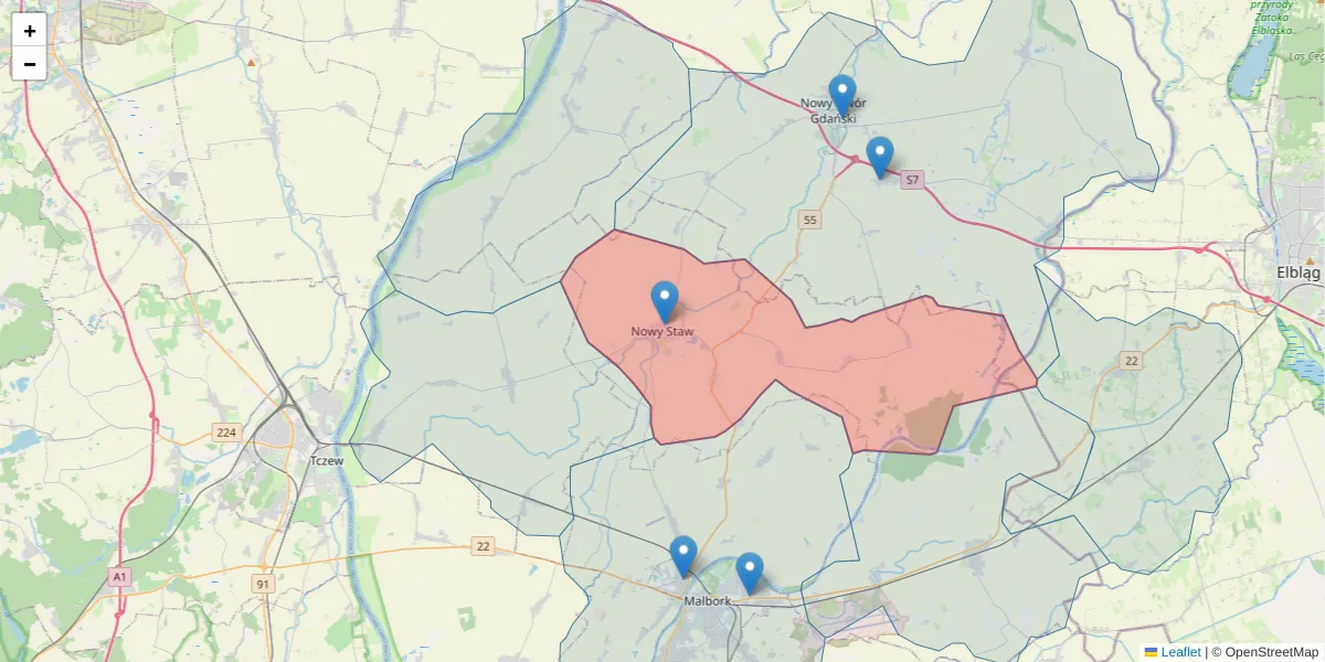 Szczegółowa mapa kodu pocztowego 82-230 z granicami, sąsiednimi kodami pocztowymi i urzędami pocztowymi