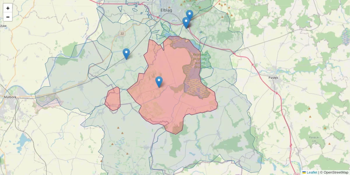 Szczegółowa mapa kodu pocztowego 82-325 z granicami, sąsiednimi kodami pocztowymi i urzędami pocztowymi