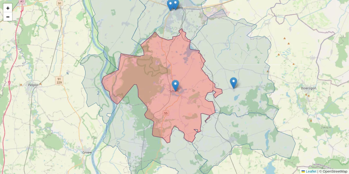 Szczegółowa mapa kodu pocztowego 82-400 z granicami, sąsiednimi kodami pocztowymi i urzędami pocztowymi