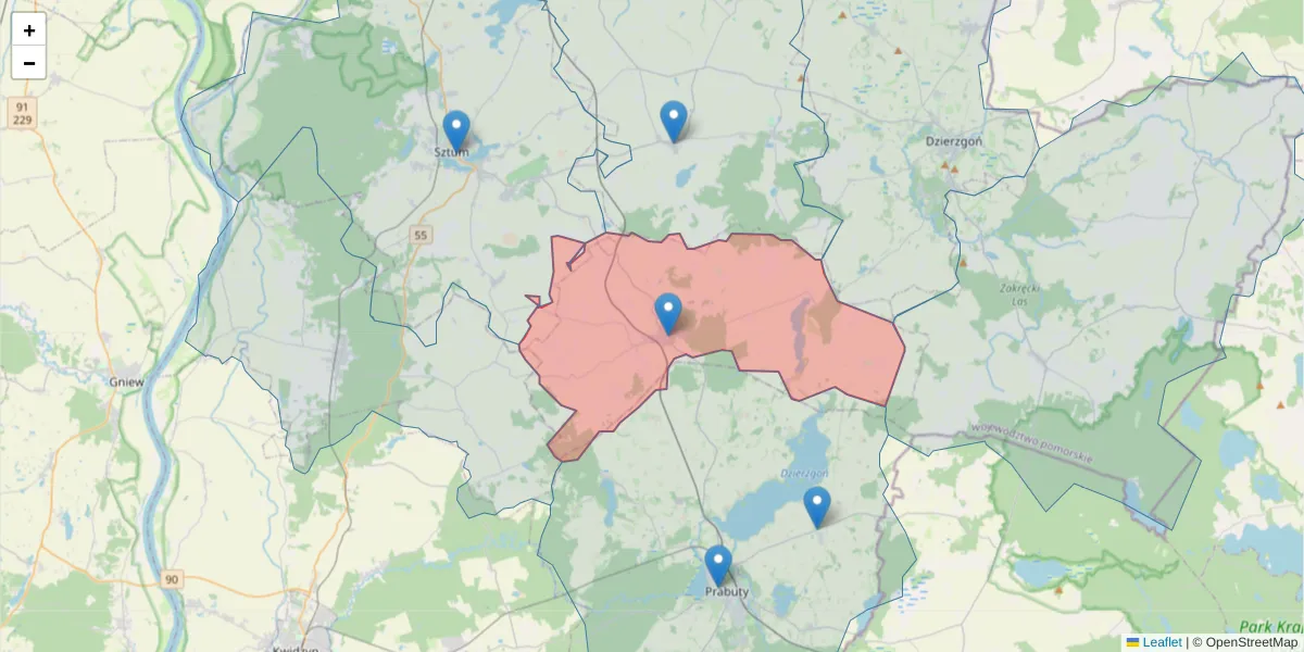 Szczegółowa mapa kodu pocztowego 82-433 z granicami, sąsiednimi kodami pocztowymi i urzędami pocztowymi