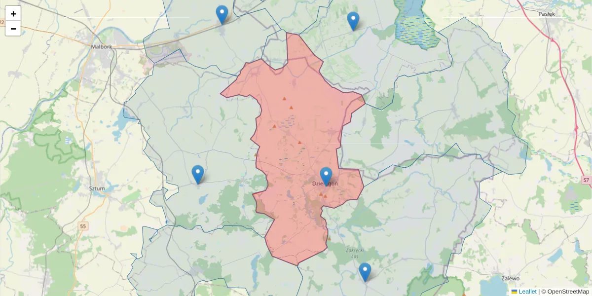 Szczegółowa mapa kodu pocztowego 82-440 z granicami, sąsiednimi kodami pocztowymi i urzędami pocztowymi