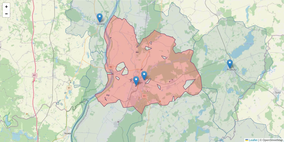 Szczegółowa mapa kodu pocztowego 82-500 z granicami, sąsiednimi kodami pocztowymi i urzędami pocztowymi