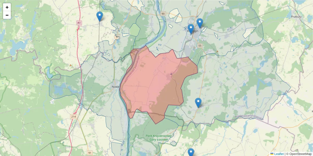 Szczegółowa mapa kodu pocztowego 82-522 z granicami, sąsiednimi kodami pocztowymi i urzędami pocztowymi