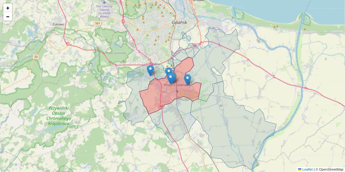 Szczegółowa mapa kodu pocztowego 83-000 z granicami, sąsiednimi kodami pocztowymi i urzędami pocztowymi