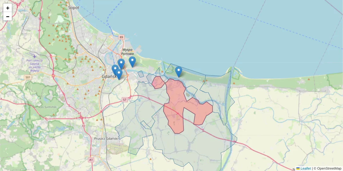 Szczegółowa mapa kodu pocztowego 83-011 z granicami, sąsiednimi kodami pocztowymi i urzędami pocztowymi