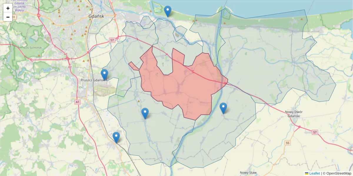 Szczegółowa mapa kodu pocztowego 83-020 z granicami, sąsiednimi kodami pocztowymi i urzędami pocztowymi